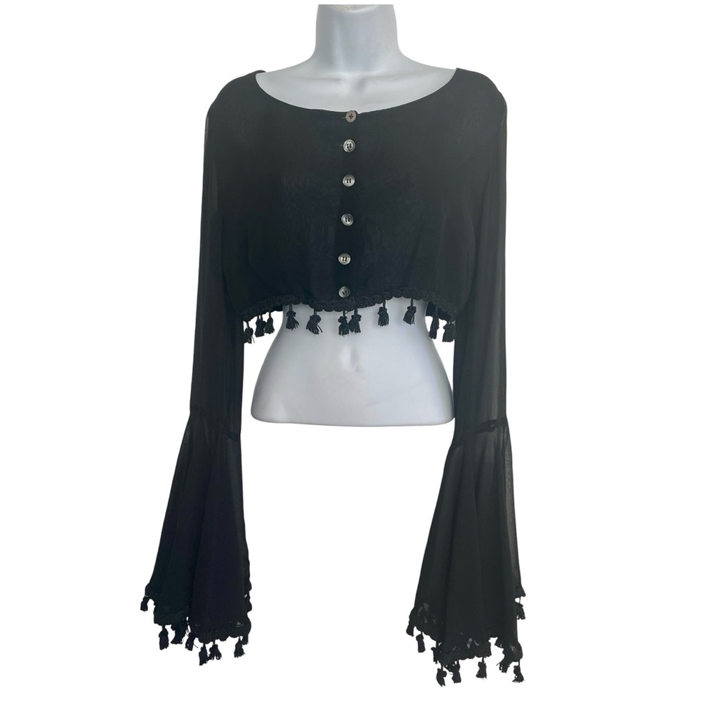 EUC Rare Vintage Dolce & Gabbana Sheer Black Top w/Tassels & Bell Sleeves IT 42 - Picture 3 of 13